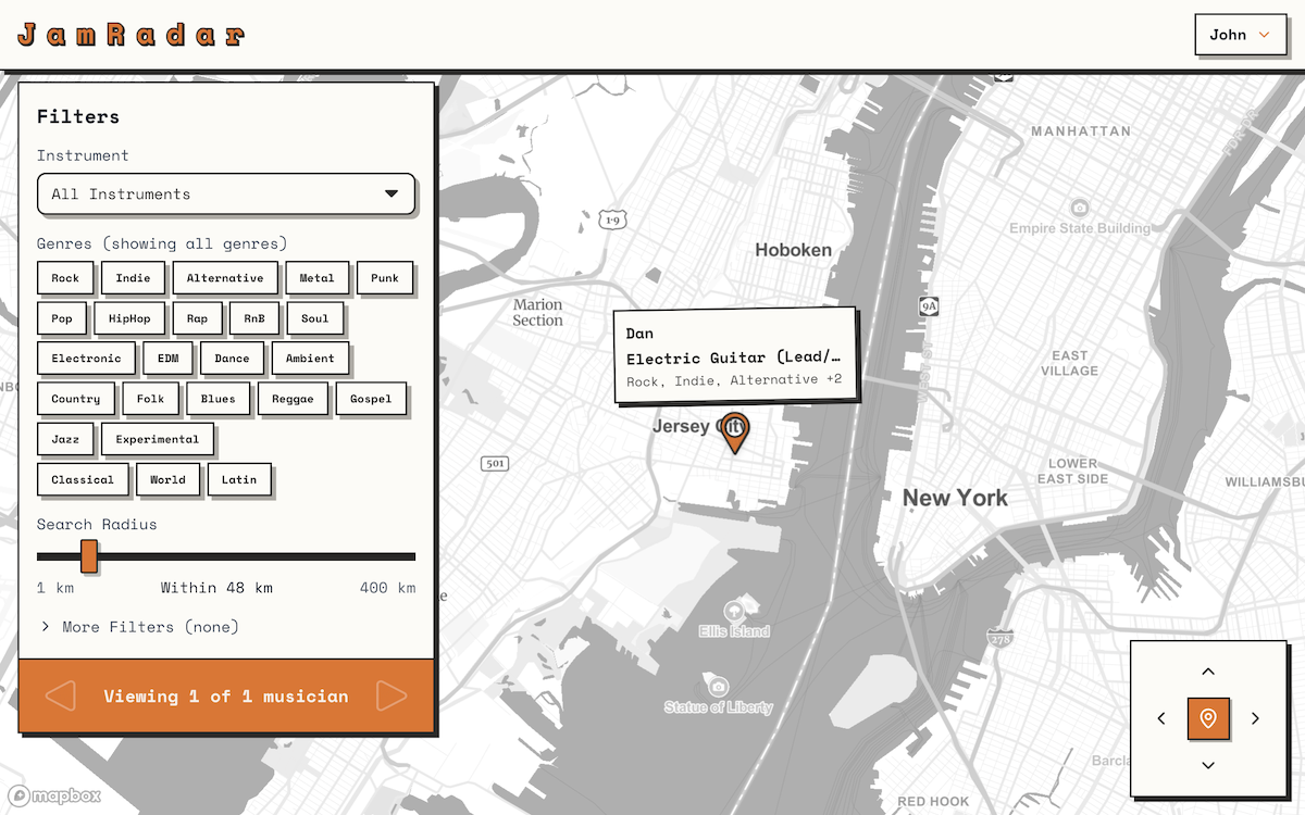 Interactive map showing local musicians and jam sessions
